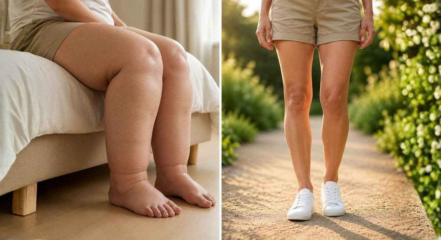 Comparison showing how legs can look and feel different throughout the day