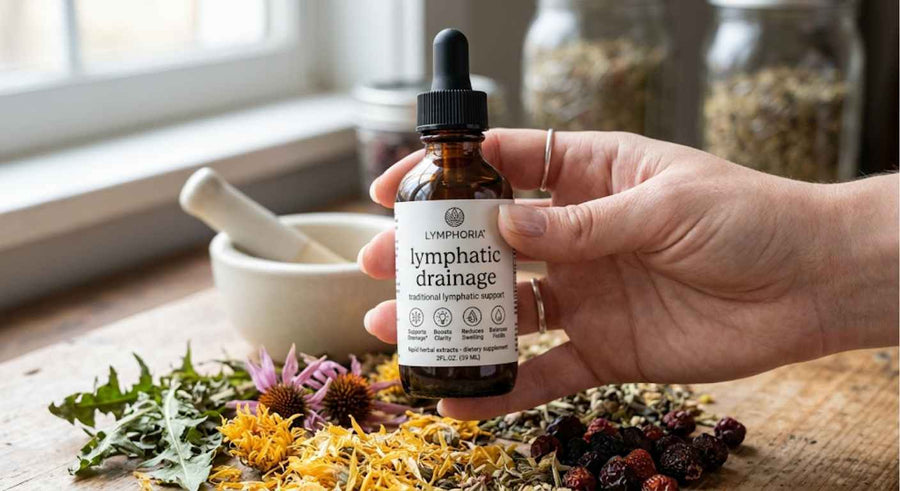 Hand holding a bottle of Lymphoria surrounded by herbal ingredients